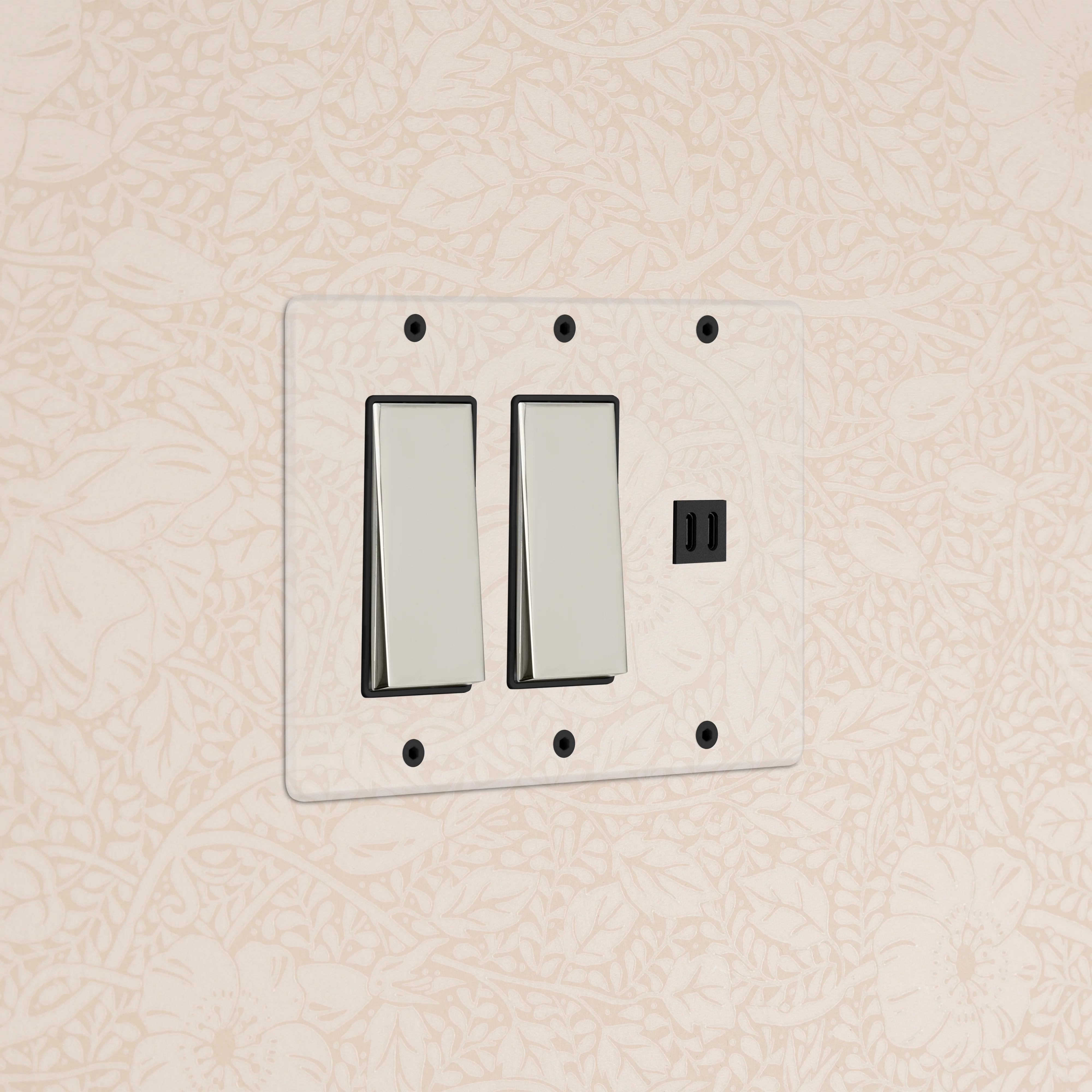 Kew 3G 2x Rocker Switch & Fast Charge USB - Clear Polished Nickel Black