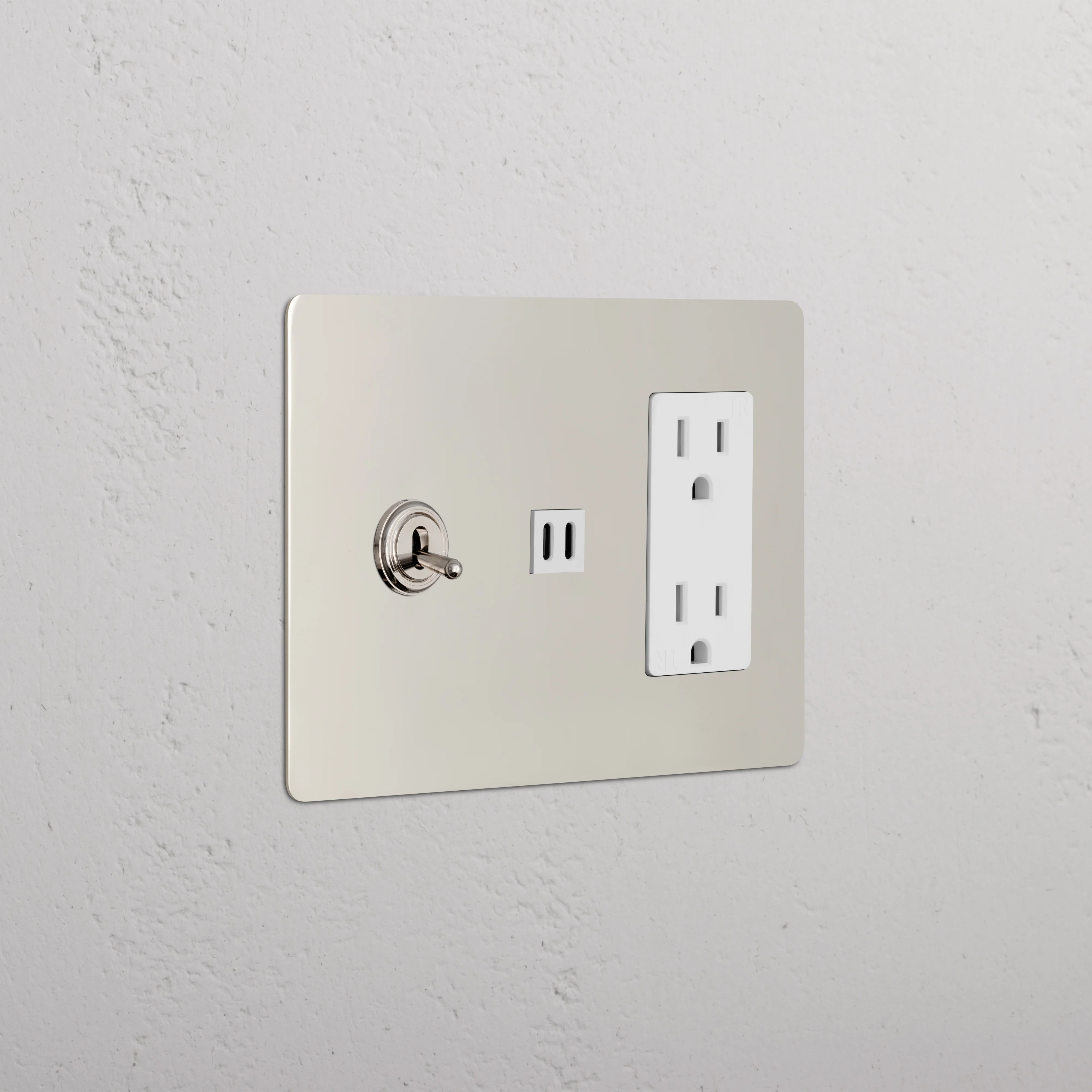 Kew 3G Toggle Switch & Outlet & Fast Charge USB - Polished Nickel White